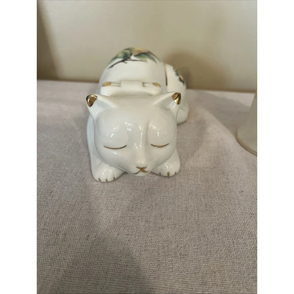 Sleeping Cat Porcelain Figurine & Bell (Formalities) Fruit Motif with Gold